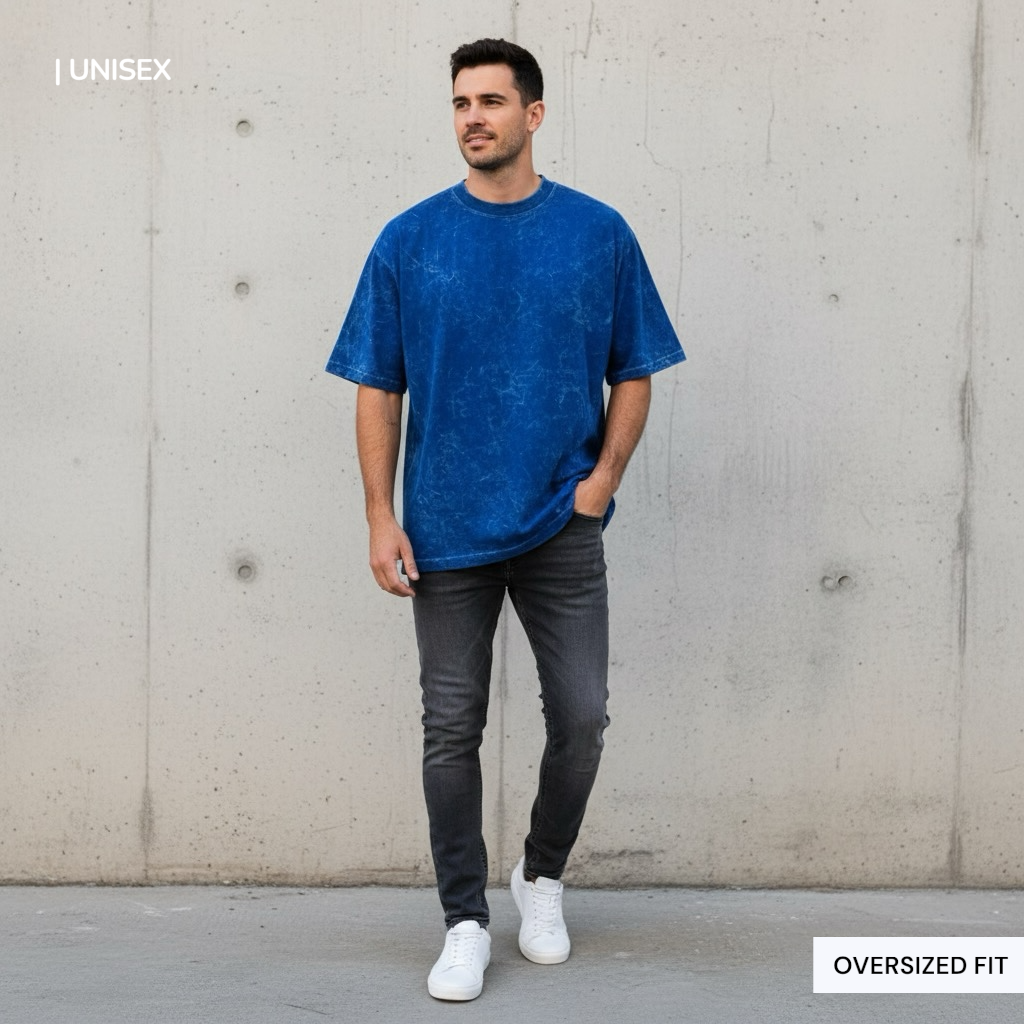 UNISEX acid wash plain color - drop shoulder Tshirt - ROYAL BLUE