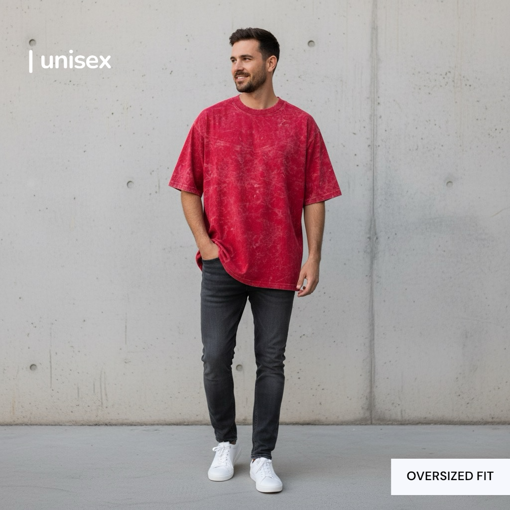 UNISEX acid wash plain color - drop shoulder Tshirt - RED